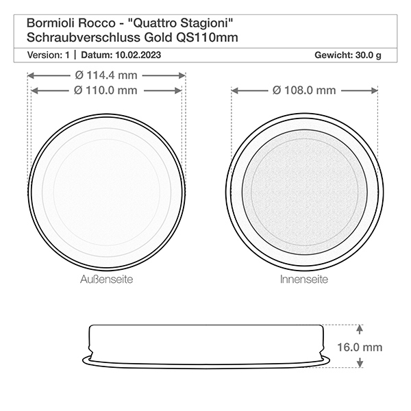 Capsule 110mm Technische tekening Quattro Stagioni schroefdop met afmetingen 114,4 mm diameter en 16 mm hoogte