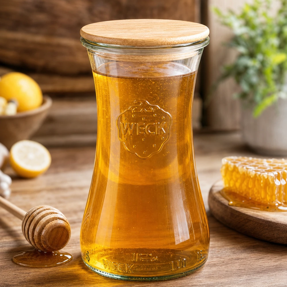 WECK pot 100ml RR40 gevuld met honing, bamboe deksel, honinglepel en honingraat op houten tafel in keuken