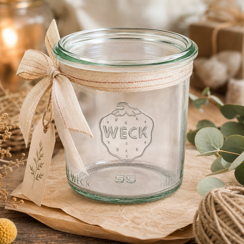 140ml stortglas WECK RR60 140ml WECK RR60 bekers met lint op houten plank, lege inmaakpot voor jam en conserven
