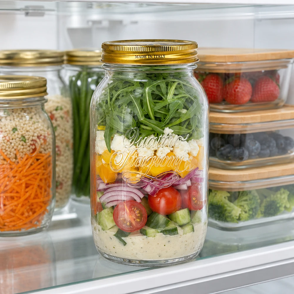 1500 ml rond glas "Quattro Stagioni" met deksel 1500ml Quattro Stagioni inmaakpot gevuld met gelaagde salade in de koelkast maaltijd prep salade conserveren