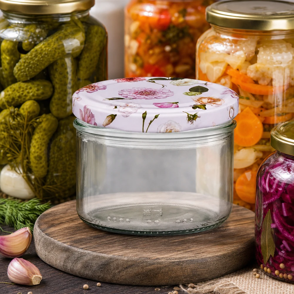 Cilindrische pot 230 ml + deksel BasicSeal roze bloem 230 ml cilindrische pot met roze bloemendeksel tussen inmaakpotten - inmaakpotten voor fermentatie en opslag