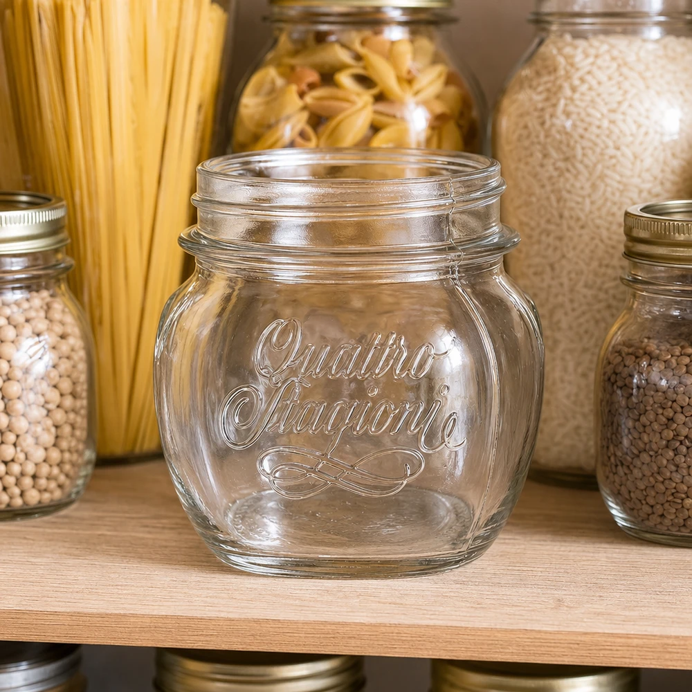 300 ml Quattro Stagioni huishoudpot van helder glas met schroefdeksel voor keukenopslag en voorraadvorming