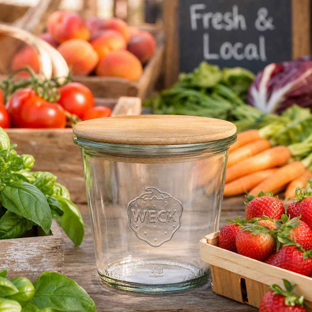 WECK voorraadpot 290ml RR80 met houten deksel tussen vers fruit en groenten op marktkraam Vers Lokaal