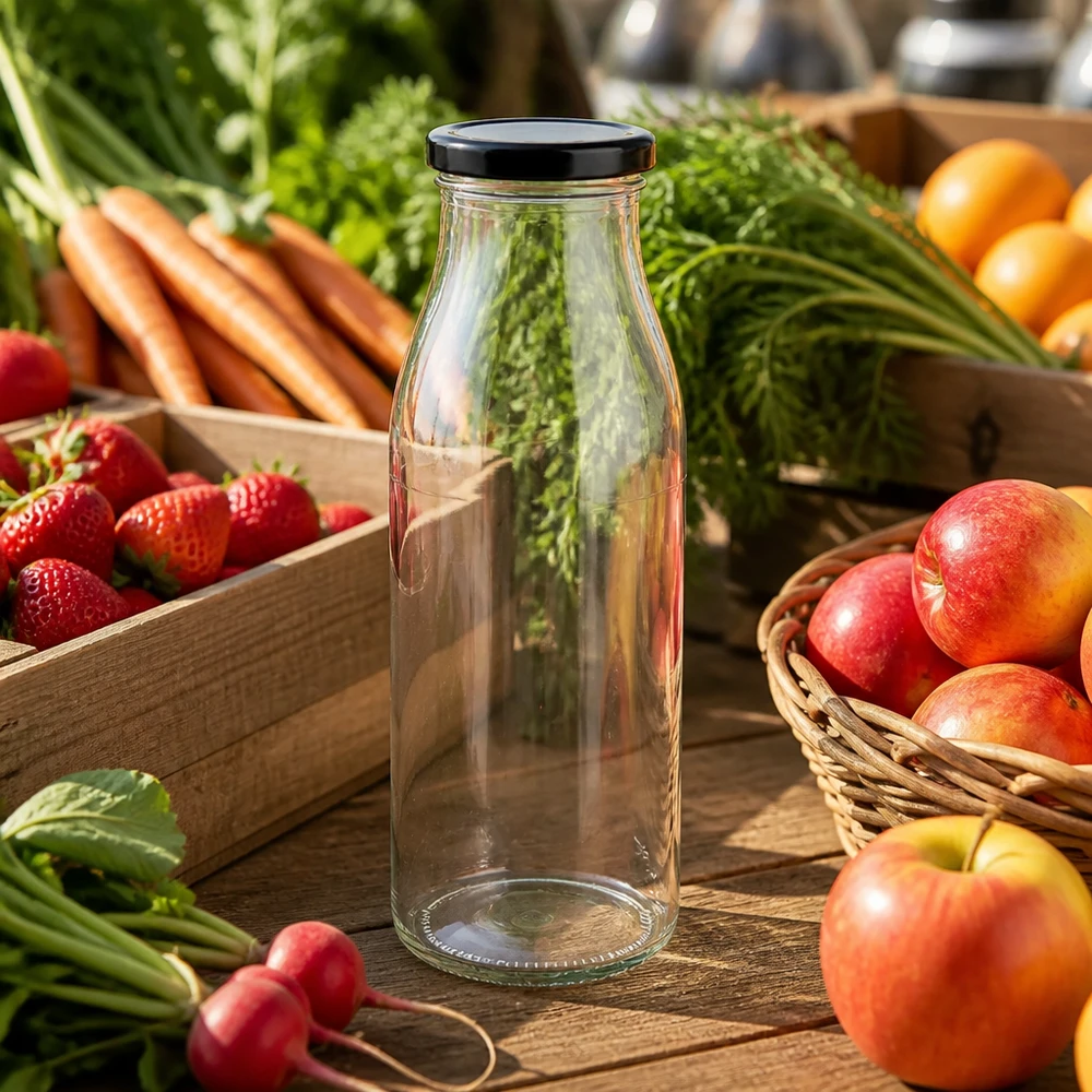 500ml fles met BasicSeal deksel zwart UNiTWIST 500ml glazen fles met zwart deksel tussen vers fruit en groenten op houten tafel Keukenscène