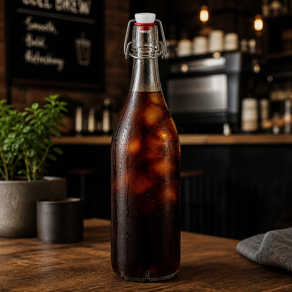 1000ml glazen fles + draaidop PVC UNiTWIST 1000ml Glasflasche mit Bügelverschluss gefüllt mit Cola-Getränk auf Holztheke in stilvoller Café-Atmosphäre