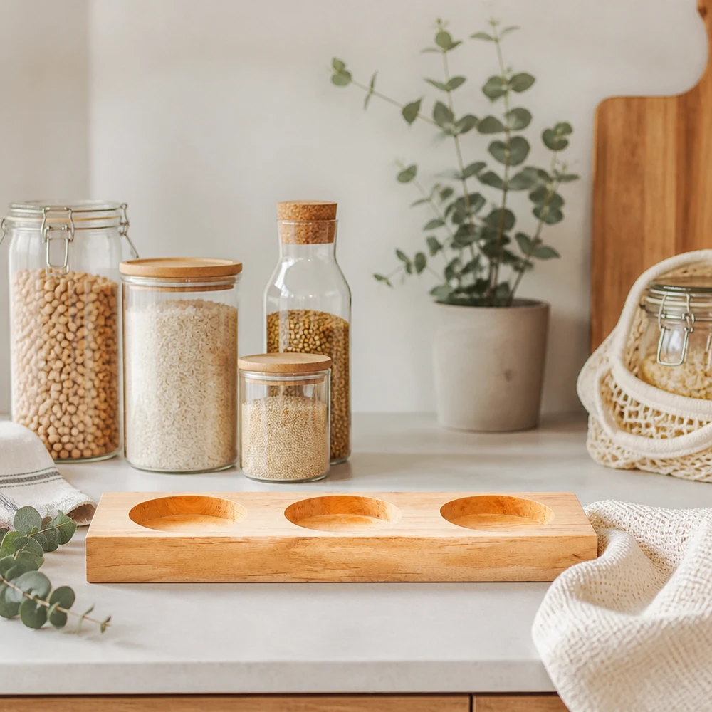 Serveerplank Plano3 voor 3 WECK-glazen Servierbrett Plano3 aus Bambus auf weißer Arbeitsplatte mit Vorratsgläsern und eucalyptus Deko im skandinavischen Küchen