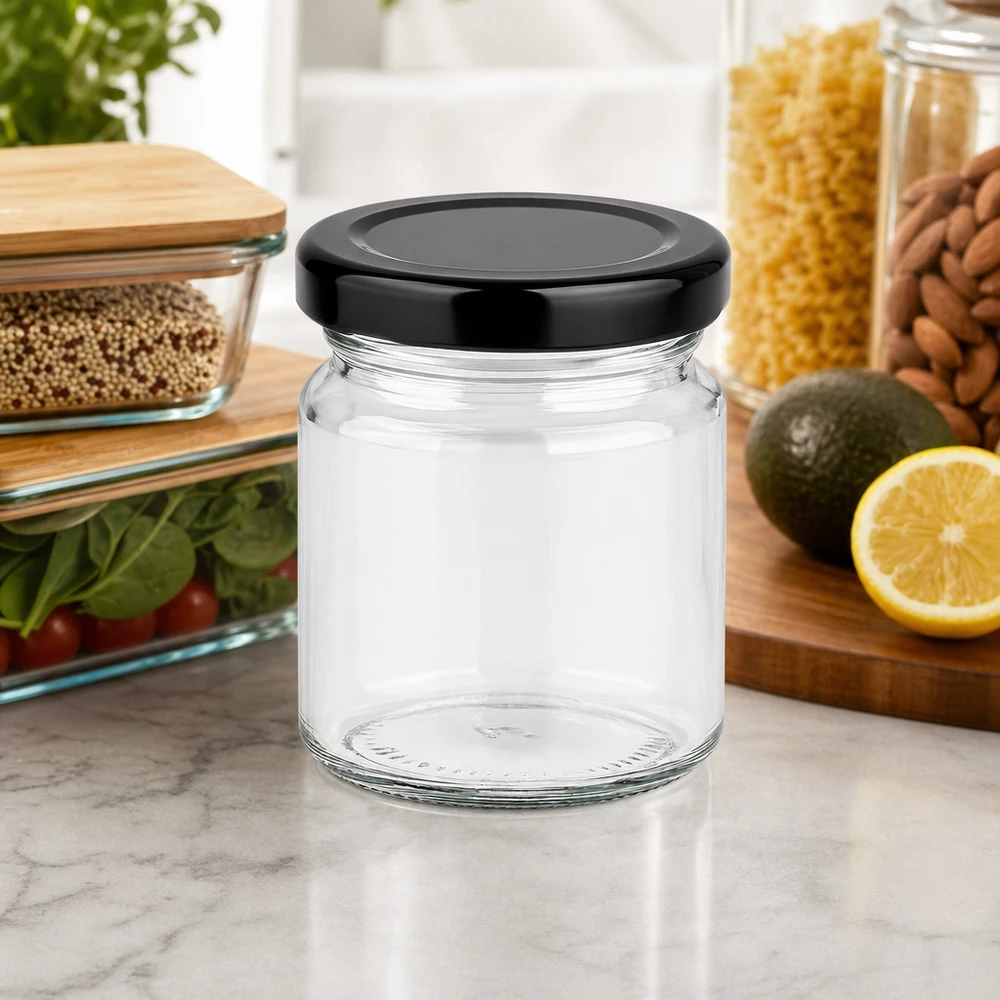 53ml rond glas met BasicSeal deksel zwart UNiTWIST 53ml Rundglas mit schwarzem Deckel leer auf Marmor-Arbeitsplatte neben Vorratsgläsern kompakte Küchenorganisation