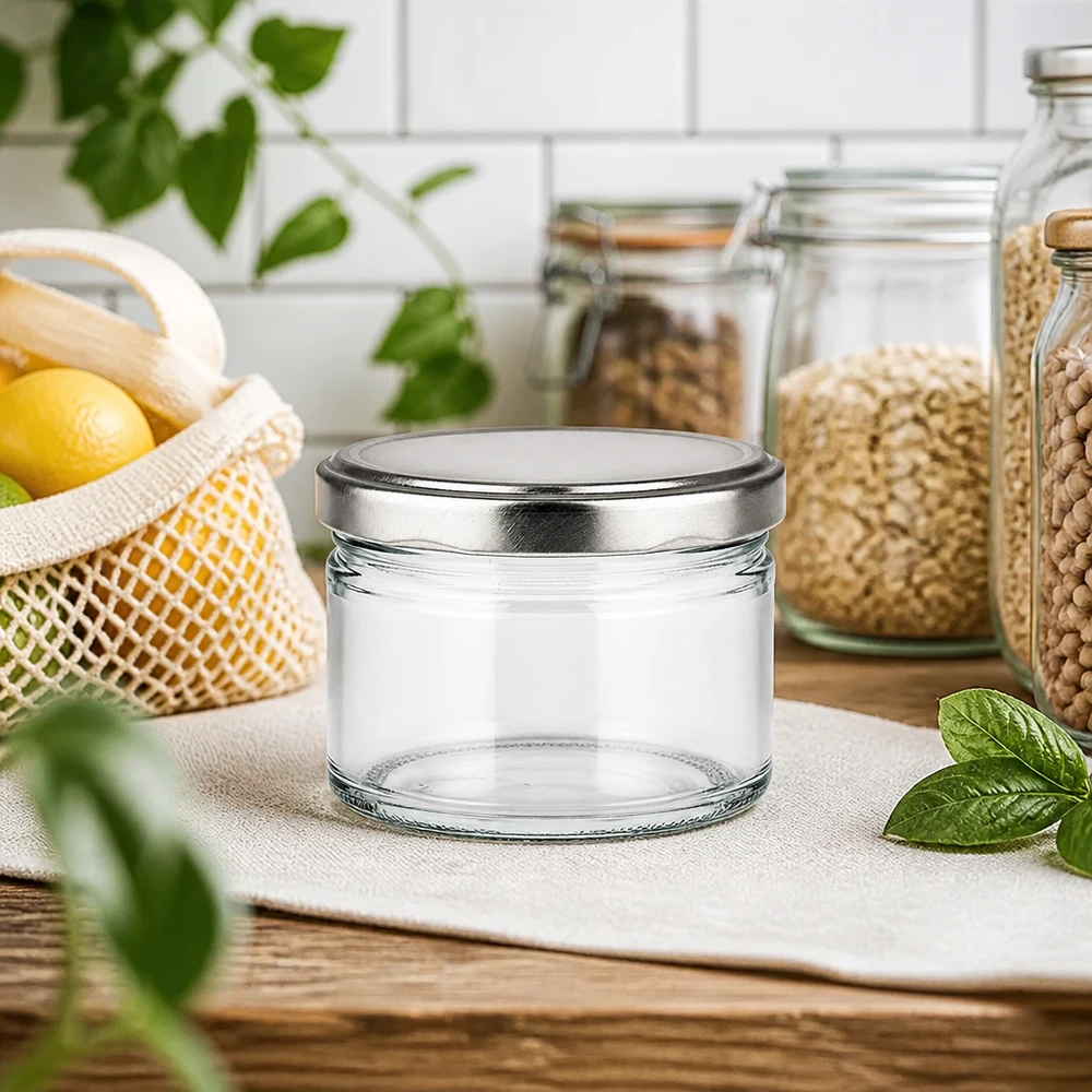 540ml rond glas met BasicSeal deksel zilver UNiTWIST Ronde pot van 540 ml met zilveren deksel in een moderne keuken, duurzame voorraadpot tussen voorraadpotten