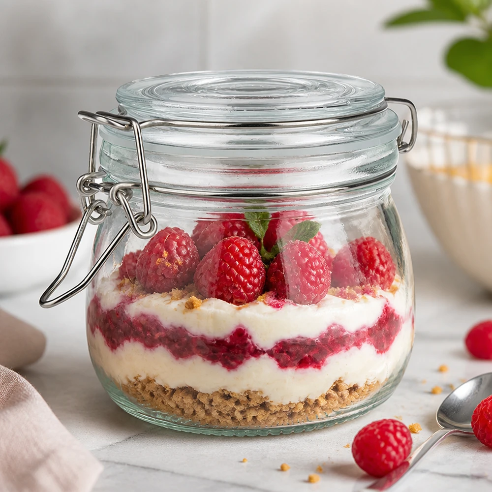 Gelaagd dessert in 500 ml voorraadpot met draaidop toont veelzijdig gebruik als dessertpot