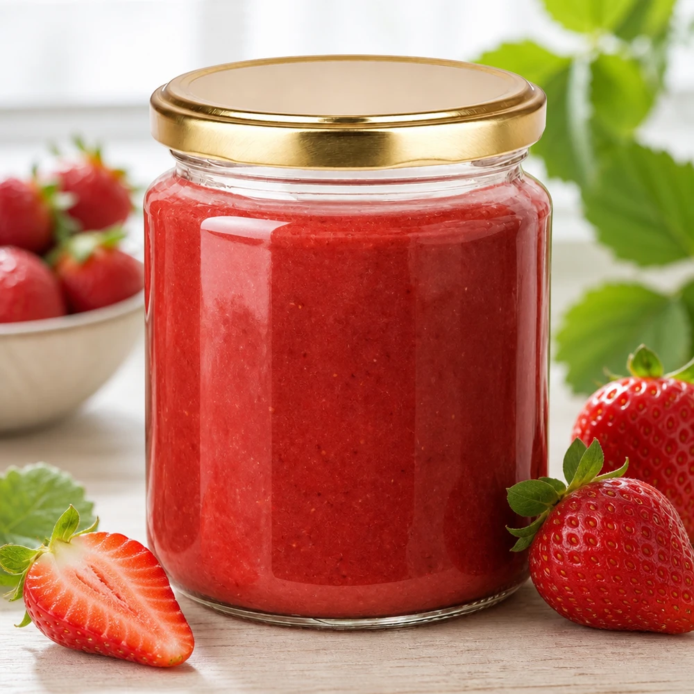 Ronde glazen pot van 275 ml met hermetisch sluitende BasicSeal Gold-deksel voor zelfgemaakte aardbeiensmoothies in pot