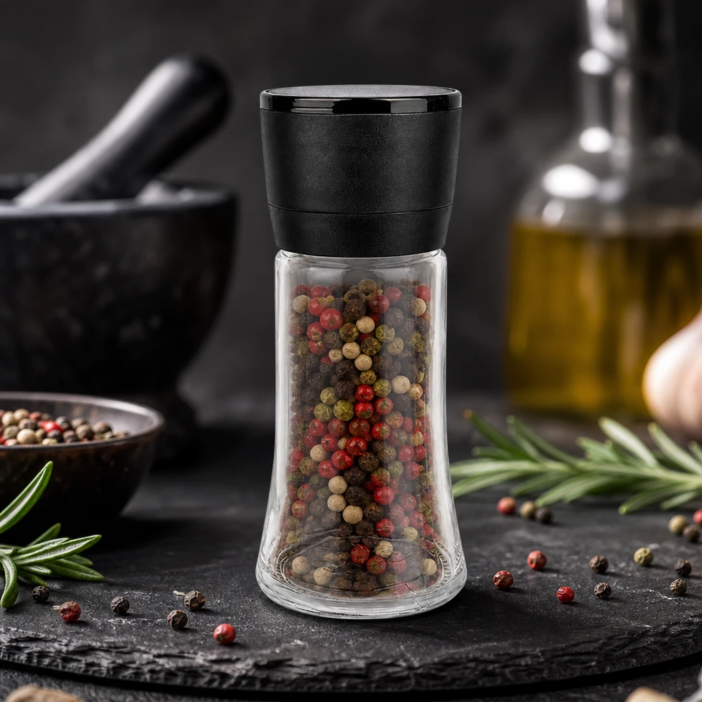 Zout-/kruidenpotje 95 ml met molen Vario zwart Pepermolen Vario 95 ml met een bonte pepermix van rode, groene en zwarte korrels in een glazen pot