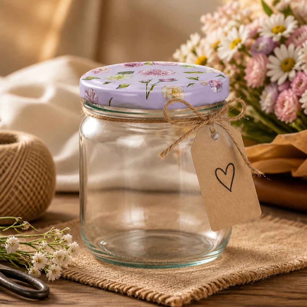 425 ml ronde pot + deksel BasicSeal roze bloem UNiTWIST 425ml ronde pot met roze bloem deksel BasicSeal lege inmaakpot Lifestyle geschoten met bloemen en cadeaulabel