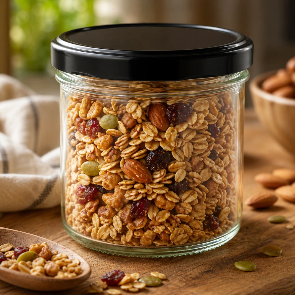 125ml bekers met BasicSeal deksel zwart UNiTWIST 125 ml bekers met zwart deksel gevuld met notenmix en gedroogd fruit Voorraadpot Keuken