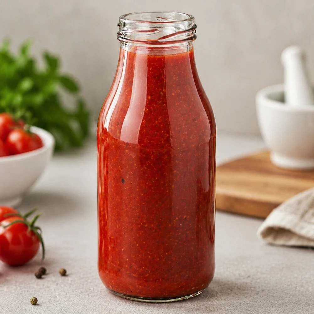 263ml fles zonder deksel (TO43) UNiTWIST Elegante UNiTWIST Glasflasche 263ml mit roter Tomatensauce gefüllt in moderner Küche - perfekt für Saucen und Getränke