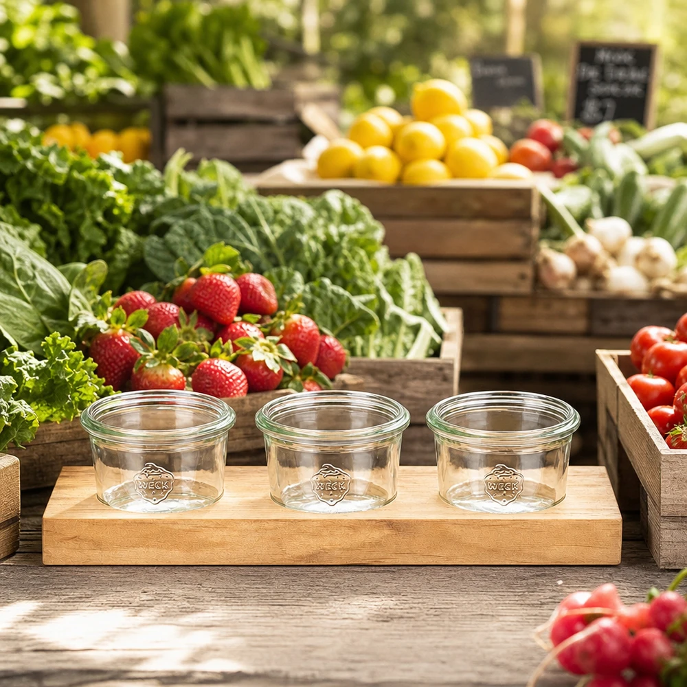 Plano3 serveerplank met lege Weck 80ml bekers op een marktkraam tussen vers fruit en groenten
