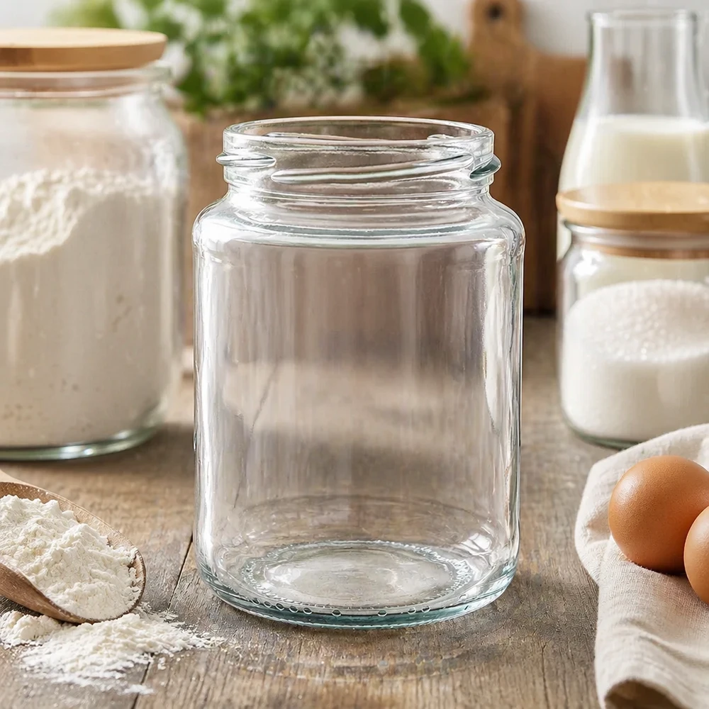 382ml rond glas zonder deksel (TO66) UNiTWIST UNiTWIST Runda382 ronde pot 382ml TO66 lege inmaakpot op houten tafel met keukengerei en eieren op de achtergrond