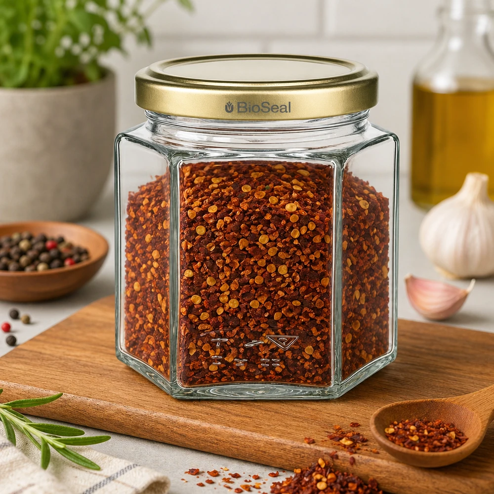 Honingpot 520 g met gouden BioSeal UNiTWIST-deksel BioSeal honingpot 520g gevuld met chilivlokken toont veelzijdig gebruik voor kruiden en opslag