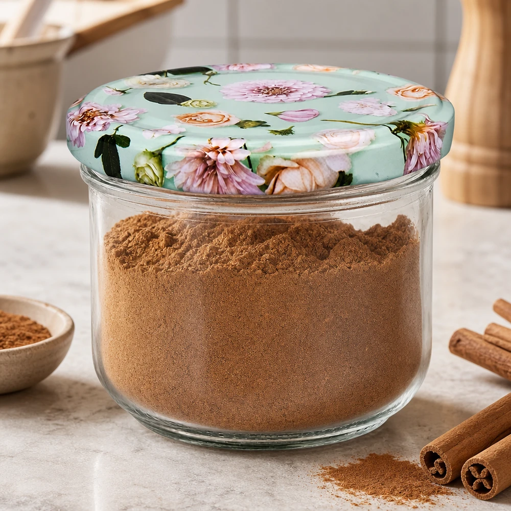 260 ml bekers met BasicSeal bloemdeksels gevuld met kaneelkruidenpoeder, kaneelstokjes als decoratie op aanrecht
