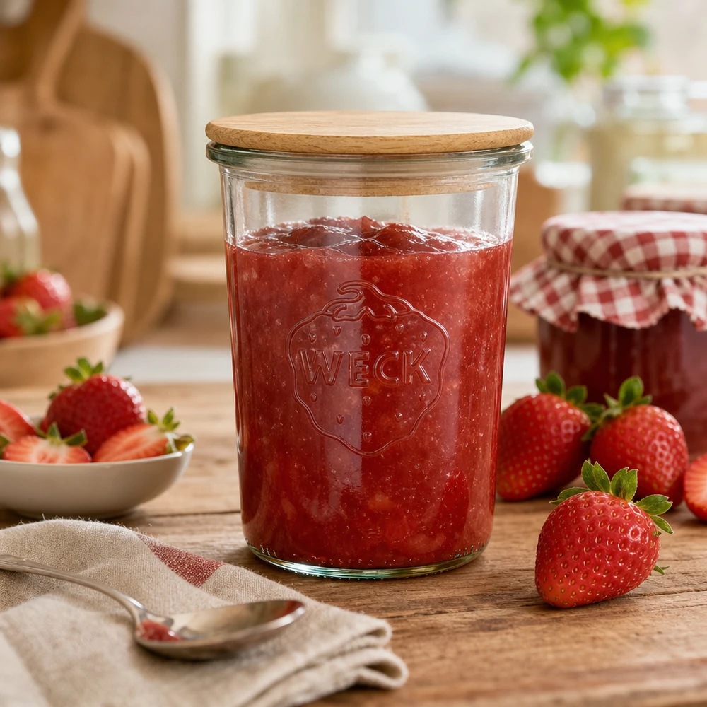 WECK inmaakpot 850ml gevuld met aardbeienjam houten deksel keuken tafereel verse aardbeien decoratie