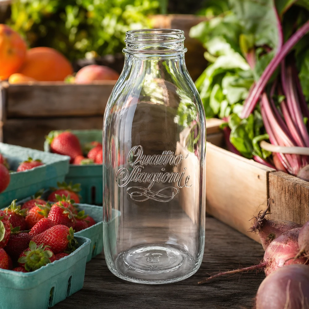 Quattro Stagioni glazen 1000ml fles met brede mond op een houten tafel met verse aardbeien en groenten op de achtergrond
