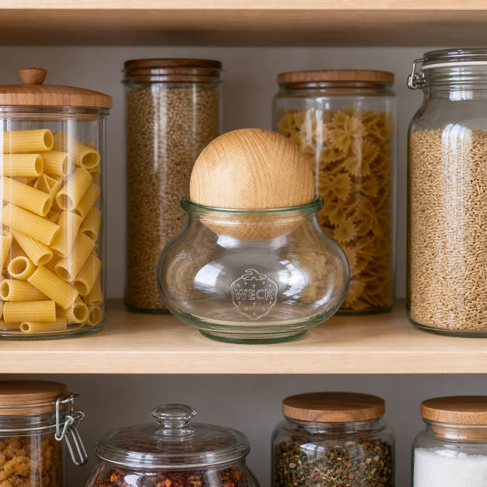 560ml juwelenglas WECK RR80 met houten bal WECK pot 560ml RR80 beuken bol deksel in voorraadkast met pasta rijst linzen georganiseerde keuken opslag