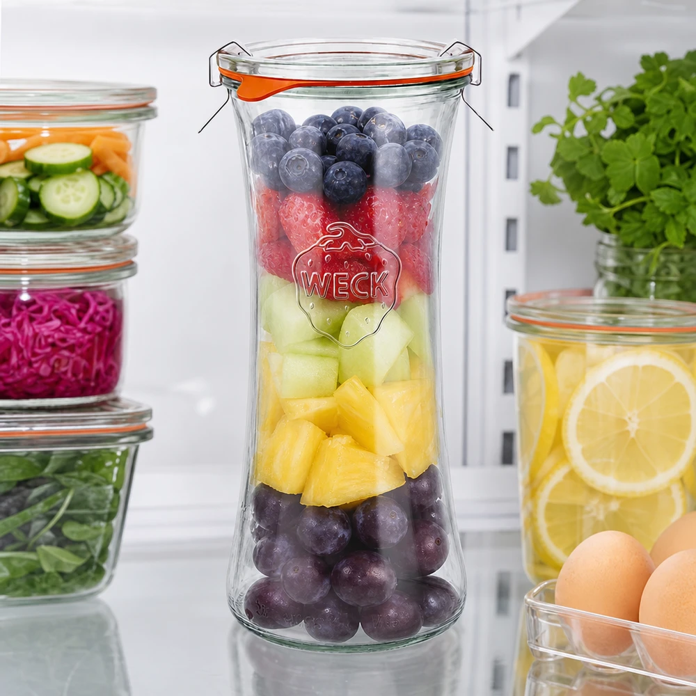 WECK delicatessenpot 700ml RR80 gevuld met kleurrijke fruitsalade, swing-top inmaakpot voor vers fruit
