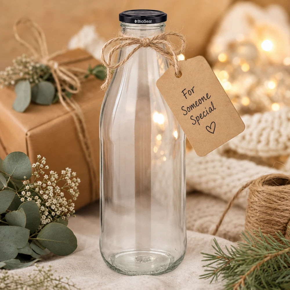 1000ml fles met BioSeal deksel zwart UNiTWIST 1000ml glazen fles met zwart deksel geschenkverpakking jute koord hanger decoratie duurzaam eco-vriendelijk