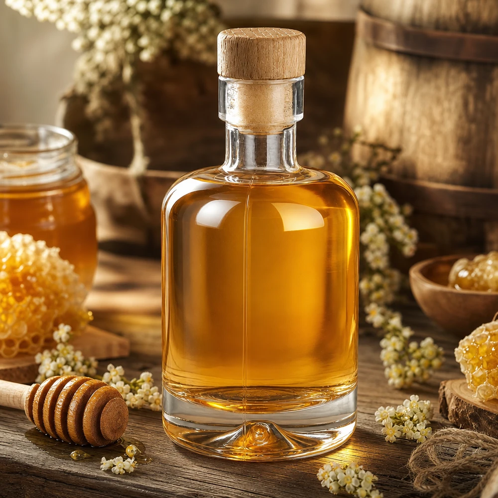 50 ml glazen fles Amelie met houten handgreep UNiTWIST 50ml glazen flesje Amelie gevuld met honing omringd door honingraathoningdippers en rustieke gedroogde bloemen