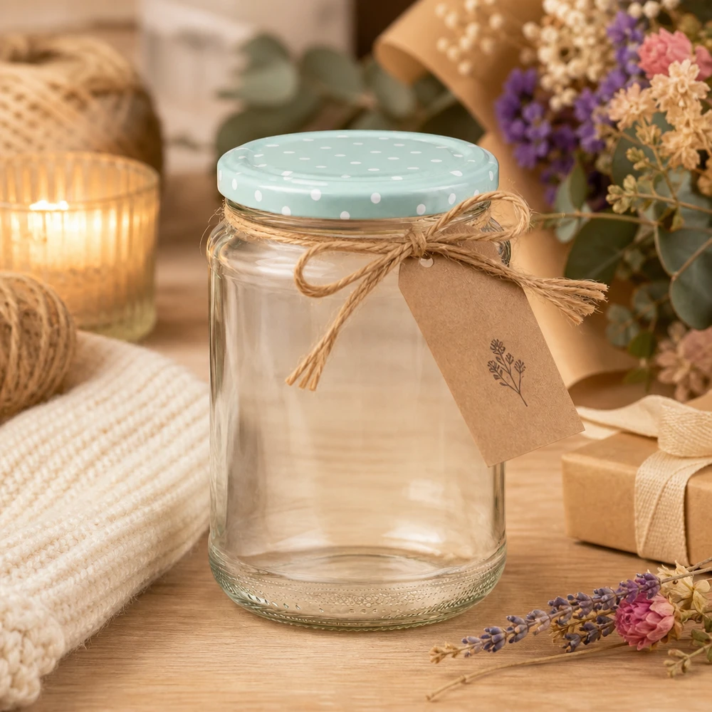 Ronde pot van 375 ml + deksel BasicSeal mint lichtpuntjes UNiTWIST 375ml ronde pot BasicSeal deksel mint stippen decoratief arrangement jute strik cadeaulabel knutselpapier rustiek