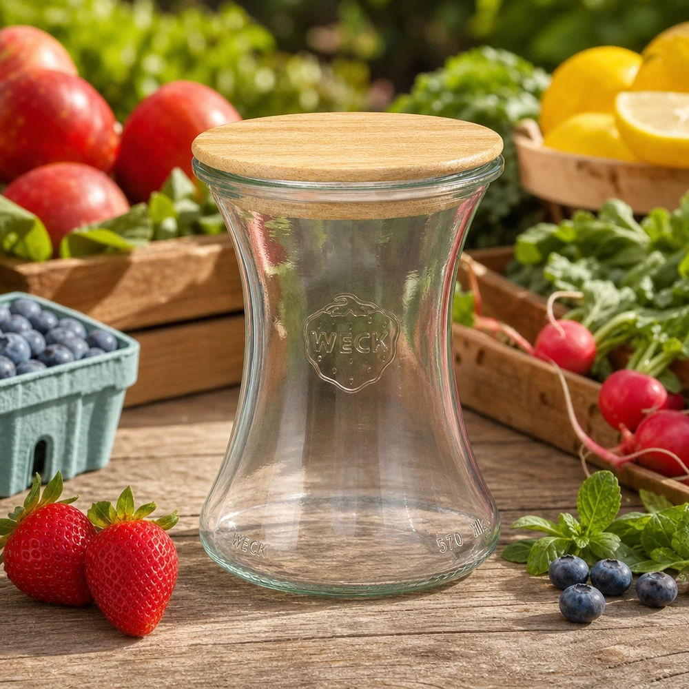 WECK delicatessenpot 370ml RR80 met houten deksel op houten tafel tussen verse aardbeien, bosbessen en groenten