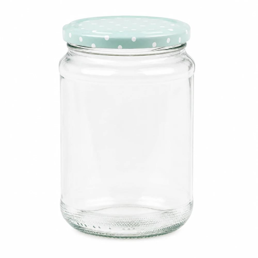 Ronde pot van 375 ml + deksel BasicSeal mint lichtpuntjes UNiTWIST 375ml ronde pot met mint BasicSeal deksel witte stippen inmaakpot voorraadpot leeg transparant