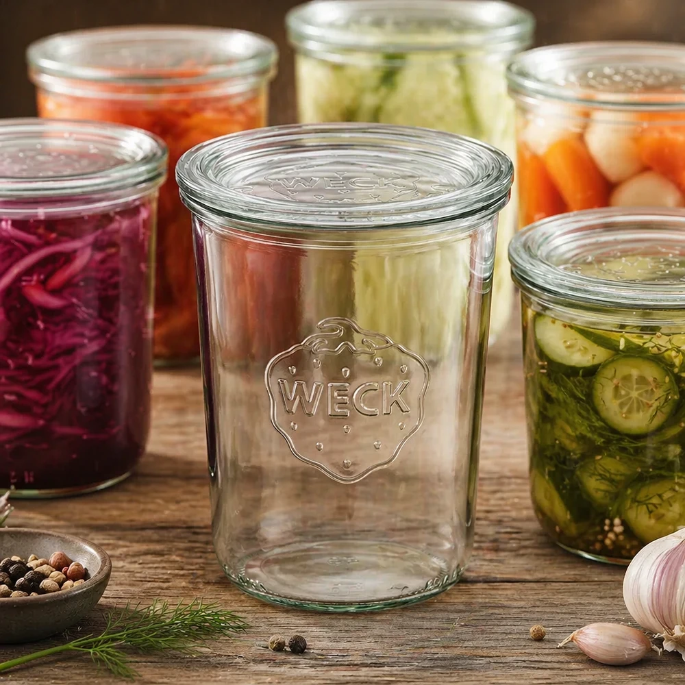 WECK RR100 glazen pot van 850 ml met glazen deksel WECK Sturzglas 850ml RR100 mit eingelegtem Gemüse und Gewürzen zeigt Einmachen und Fermentieren im Haushalt