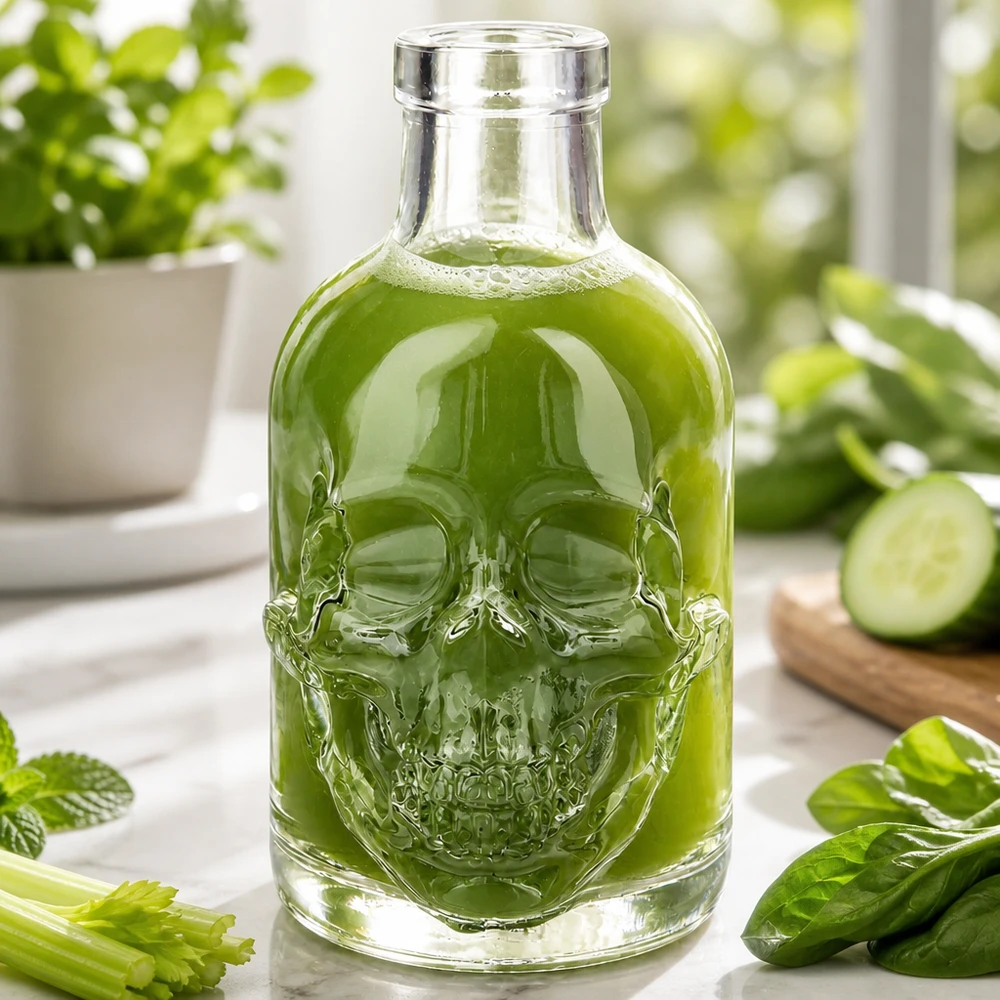 200 ml glazen fles Jack zonder sluiting UNiTWIST® Schedel glazen fles Jack 200ml gevuld met groene smoothie omringd door verse groenten en kruiden UNiTWIST