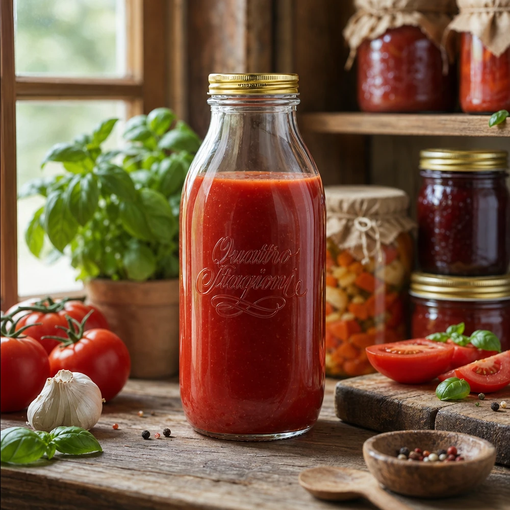 Quattro Stagioni 1000ml glazen fles gevuld met tomatensaus in rustieke keuken met verse tomaten en kruiden