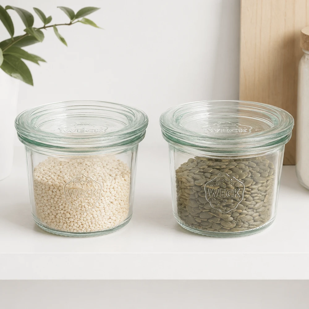 WECK RR60-pot van 80 ml met glazen deksel WECK beker 80ml RR60 gevuld met linzen en rijst toont praktische opslag van peulvruchten en granen