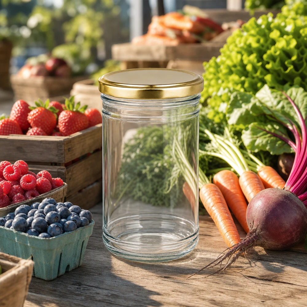 1053ml beker met BasicSeal deksel goud UNiTWIST Lege 1053ml mason jar met gouden deksel op de boerenmarkt tussen verse groenten en bessen om in te bewaren