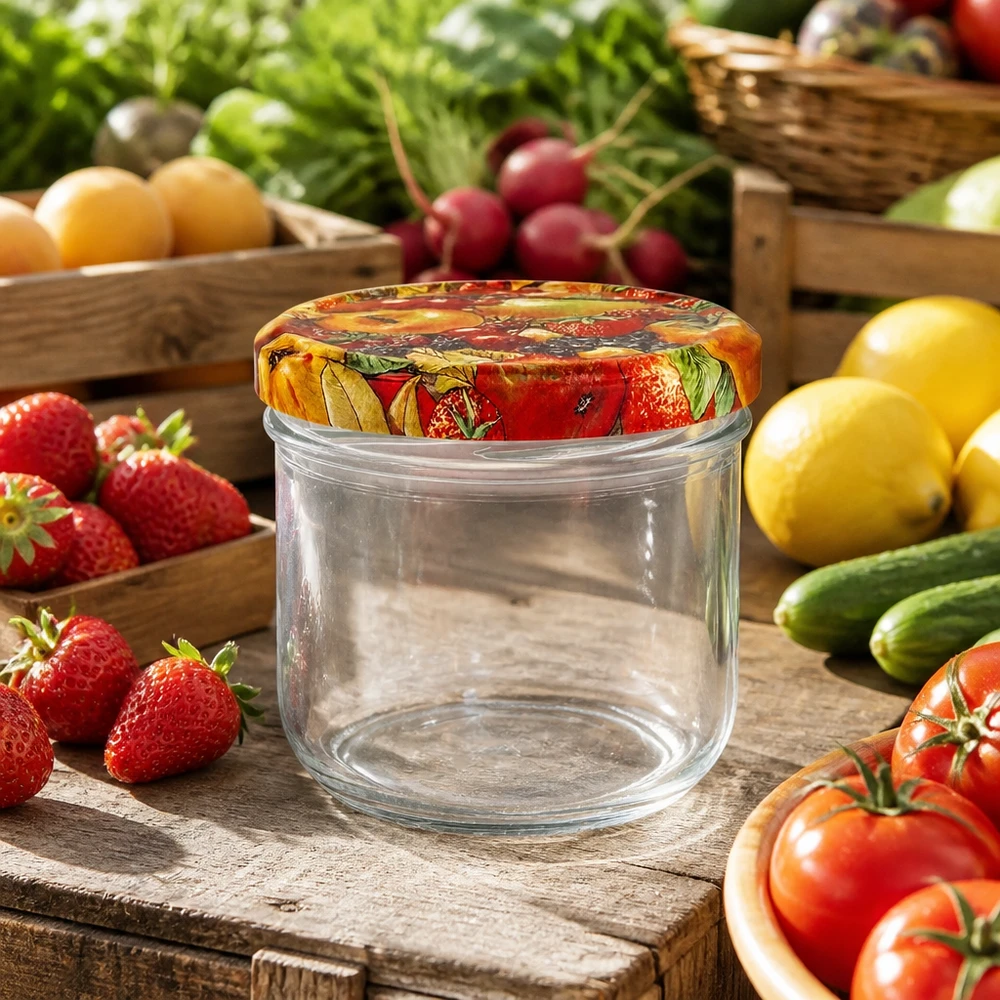 260ml bekers met BasicSeal deksel Fruit decor UNiTWIST Lege bekers van 260 ml met fruitdeksel omringd door vers fruit en groenten op een houten tafel