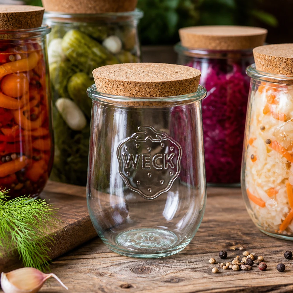 1062ml tulpenglas WECK RR100 met kurk WECK RR100 tulp pot 1062ml met kurk tussen kleurrijke fermentatie potten van ingemaakte groenten op een houten tafel
