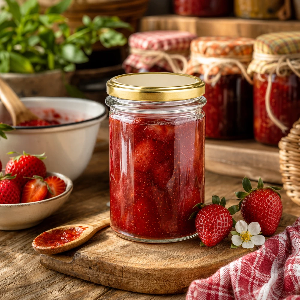 230ml bekers met BasicSeal deksel goud UNiTWIST 230 ml mason jar met gouden BasicSeal deksel UNiTWIST gevuld met aardbeienjam naast verse aardbeien