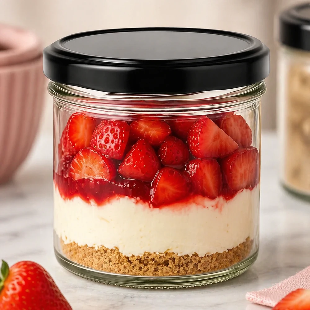 125ml bekers met BasicSeal deksel zwart UNiTWIST 125 ml bekers met zwart BasicSeal deksel als dessertpotje met aardbeien, room en cheesecake op biscuitbasis