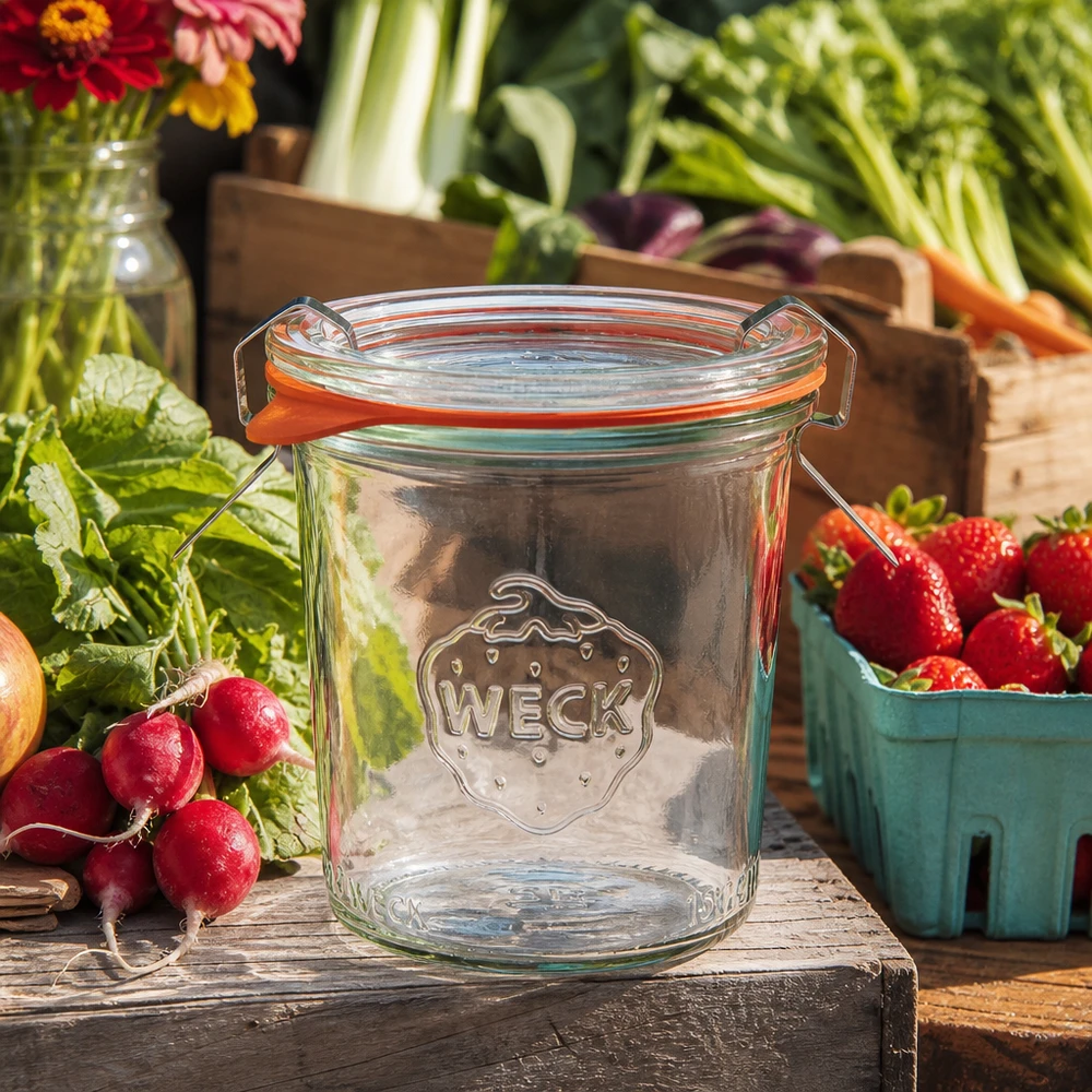 160ml stortglas compleet WECK RR60 WECK 160ml bekers RR60 leeg met swing top tussen verse groenten en fruit op een rustieke houten tafel