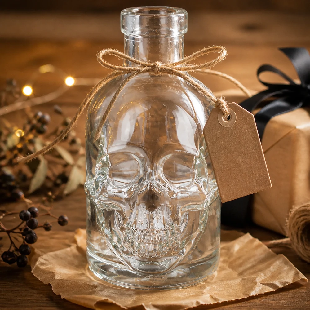 200 ml glazen fles Jack zonder sluiting UNiTWIST® 200 ml glazen fles Jack schedel geschenkverpakking met jute strik en hanger rustieke decoratie