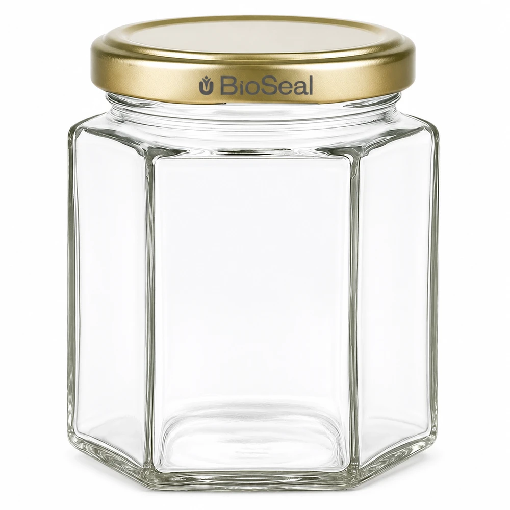 Honingpot 250 g met gouden BioSeal UNiTWIST-deksel Honingpot 250g zeshoekig met gouden BioSeal schroefdeksel lege transparante glazen pot voor honing