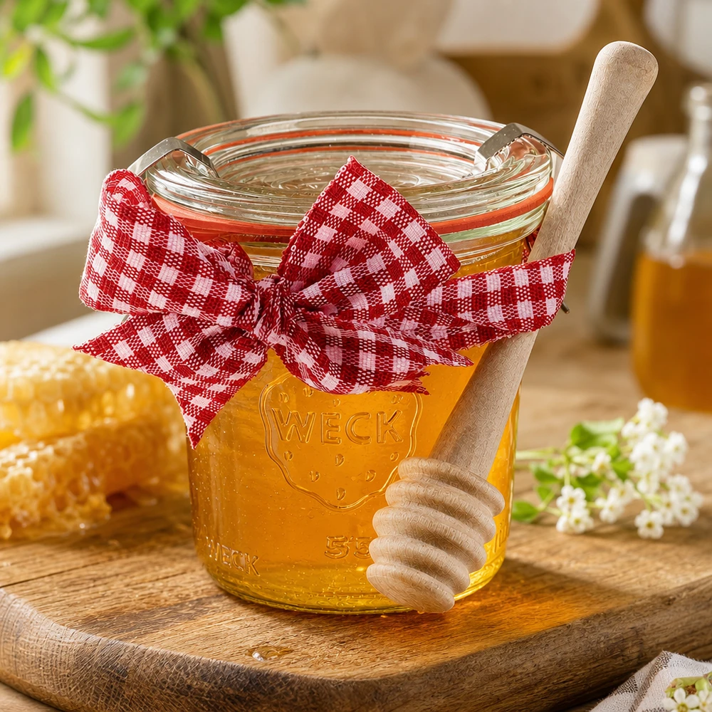 WECK minipot 140ml gevuld met honing rood Vichy ruitje strik houten honinglepel honingraat landhuisstijl