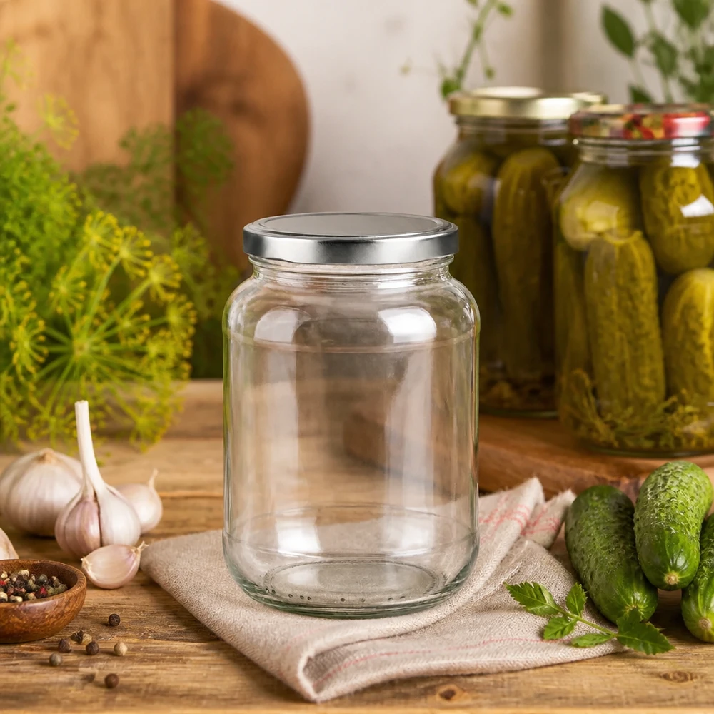 370ml ovaal glas met BasicSeal deksel zilver UNiTWIST 370ml Ovalglas mit BasicSeal Deckel neben eingelegten Gurken und Dill - ideal zum Einkochen und Konservieren