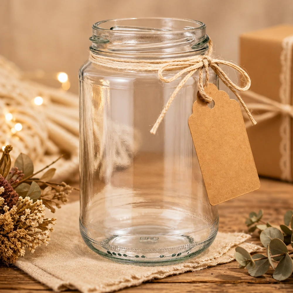 375ml rond glas zonder deksel (TO63) UNiTWIST UNiTWIST Runda375 rond glas 375ml TO63 met kraftpapieren label als geschenkverpakking in een rustiek decoratief tafereel
