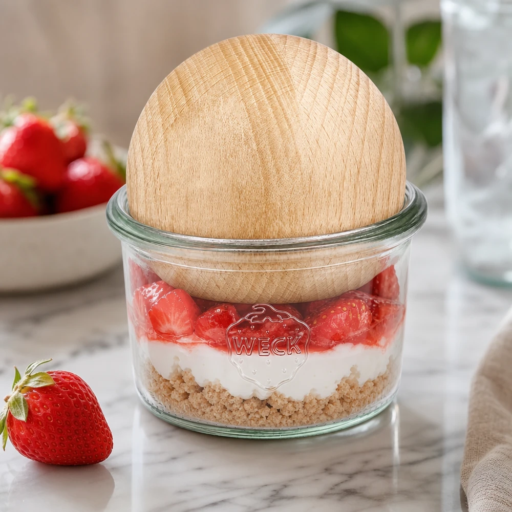 200ml stortglas WECK RR80 met houten bal WECK bekers 200ml RR80 met beuken bol als dessertpot voor aardbeien gelaagd dessert op een marmeren tafel