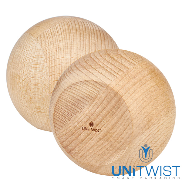 580ml tulpenglas WECK RR100 met houten bal Beukenhouten bol deksel voor WECK pot RR100 1062ml - Detailweergave van de natuurlijke houtnerf en UNITWIST logo