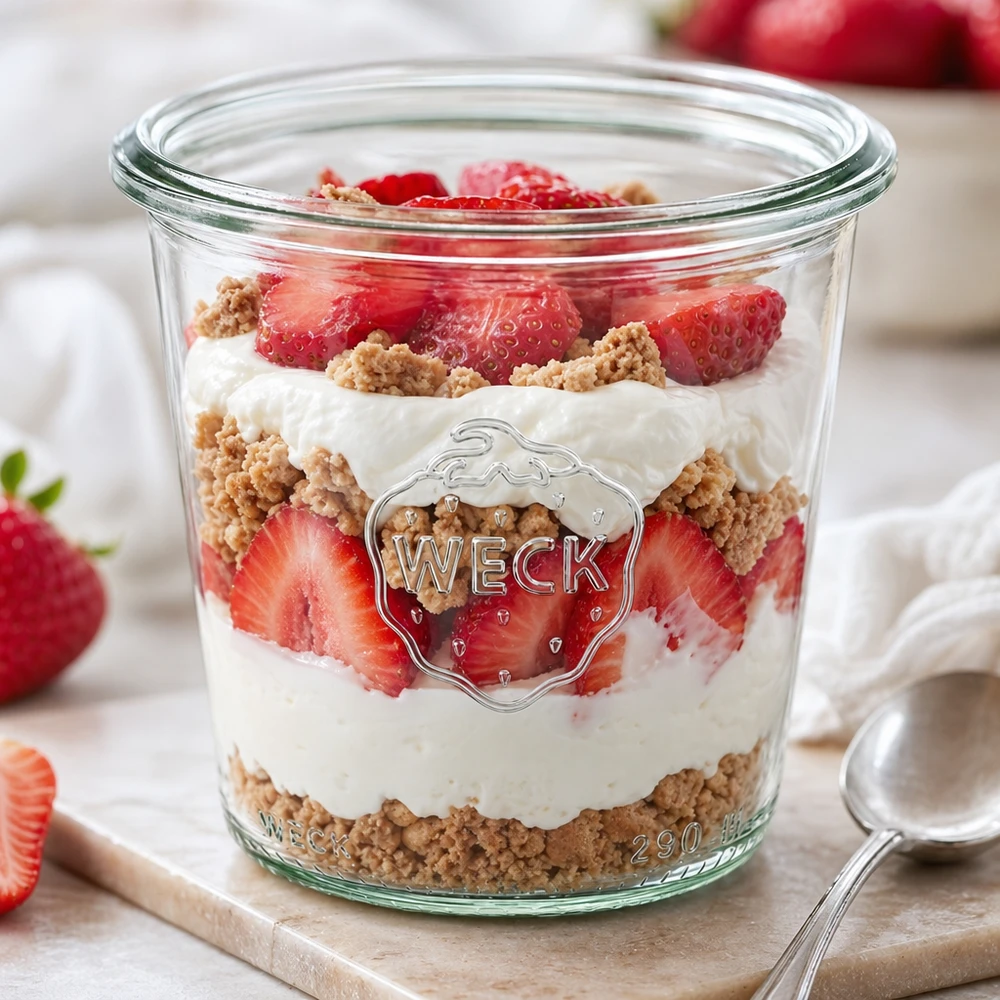 290 ml hoog weckglas WECK RR80 WECK 290ml bekers RR80 gevuld met aardbeien dessert laagjes yoghurt koekjes inmaakpot hoog