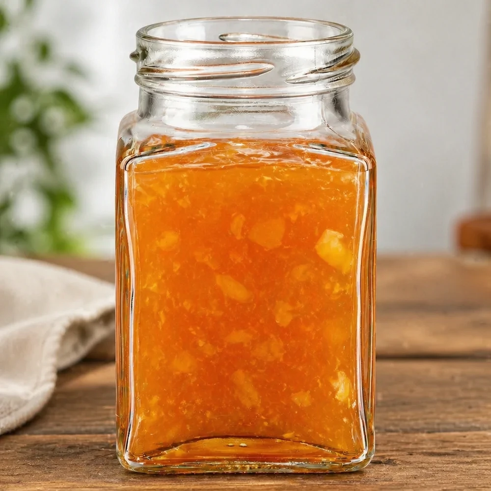 260ml tetraglas zonder deksel (TO58) UNiTWIST UNiTWIST Tetra260 4-hoekige pot 260ml TO58 met oranje inhoud op houten tafel vierkante jampot